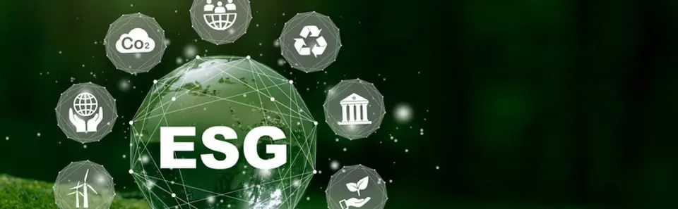 ESG-feliratú földgömb klíma- és fenntarthatósági ikonokkal