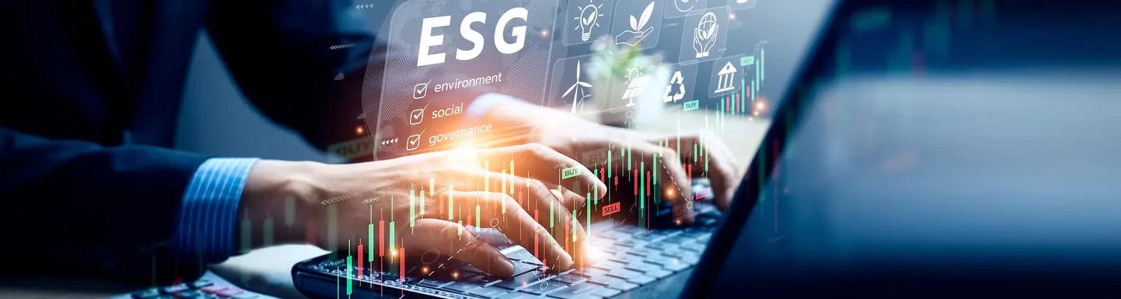 A laptop showing ESG data and sustainability icons
